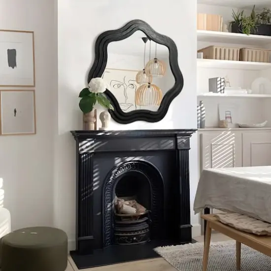 Glitzhome® 33.5" Modern Black Triple Wood Frame Wavy Wall Mirror {5}
