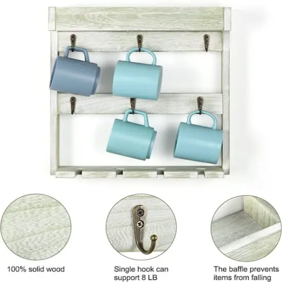 NEX&trade; 16" Green White Wood Wall-Mounted Coffee Mug Rack {4}