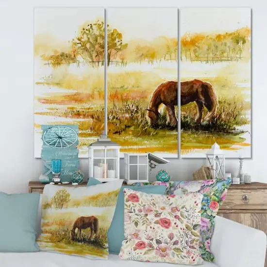 Designart - Horse Grazing On A Meadow - Farmhouse Canvas Wall Art Print {3}