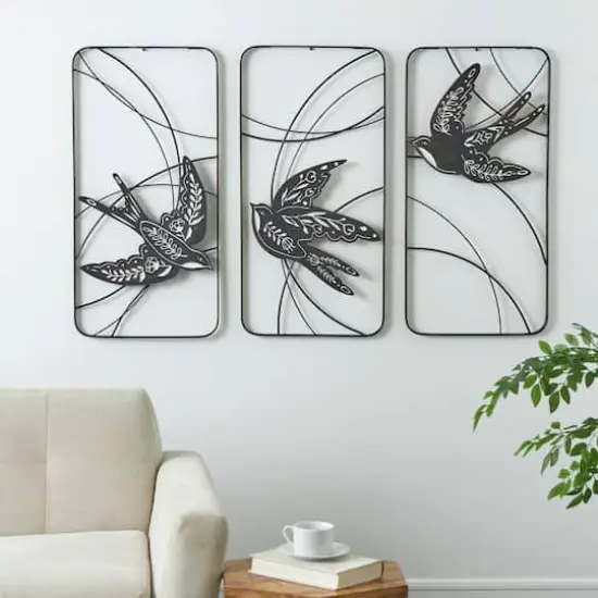 Black Bird with White Floral Patterns Open Frame Metal Wire Wall D&eacute;cor Set {3}