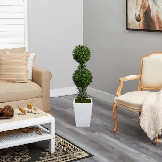 3.5ft. Boxwood Double Ball Topiary Artificial Tree in White Metal Planter(Indoor/Outdoor) {5}