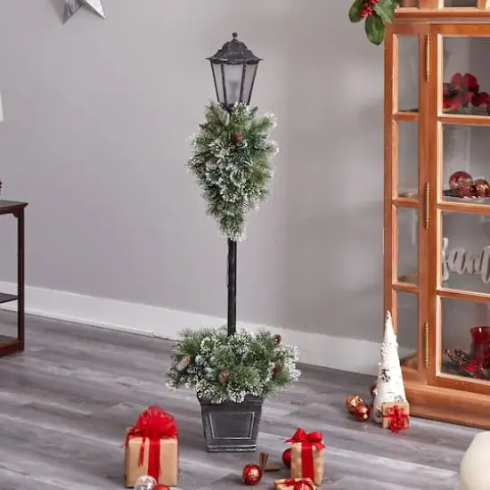 5ft. Pre-Lit LED Holiday Decorated Lamp Post With Faux Greenery In Decorative Container {9}