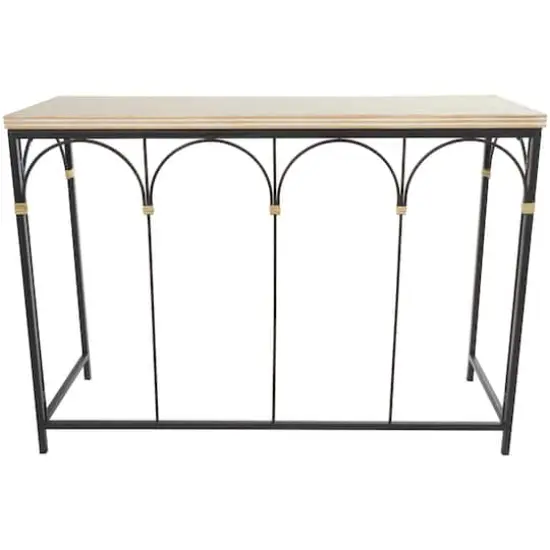 42.5" Black Arched Console Table with Zig Zag Patterned Top and Rattan Accents {4}