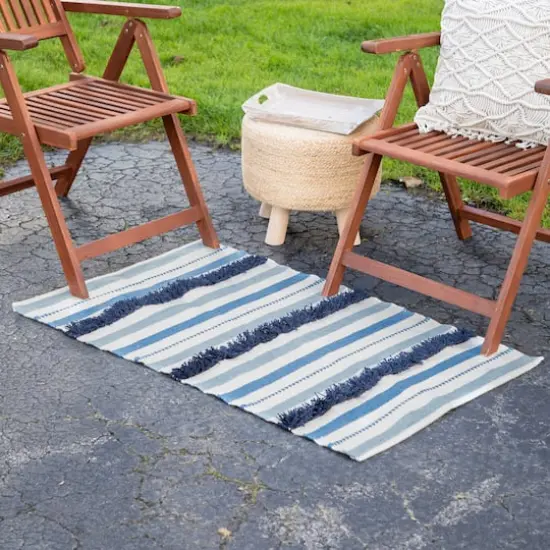 Blue, Cream & Black Striped Handloom Woven Outdoor Throw Rug, 3.5ft.x 2ft. {4}