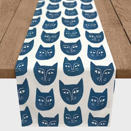 Blue Cat Face Pattern 16" x 72" Cotton Twill Runner {1}