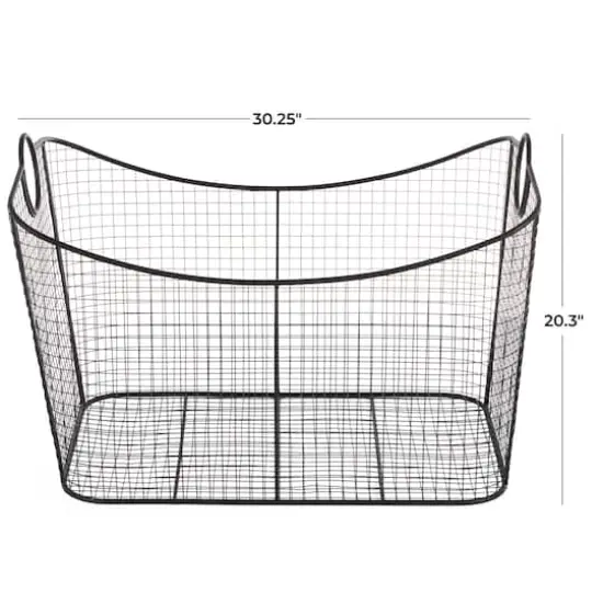 30.25" Black Metal Open Frame Wire Grid Storage Basket with Curved Sides & Ring Handles {11}