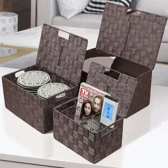 Sorbus 3-Piece Woven Basket with Lid Set Brown {3}