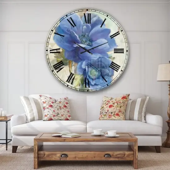 Designart Blue Handpainted Anemone Flower Wall Clock {4}
