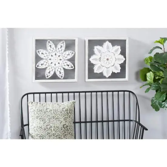 Set of 2 White Wood Traditional Floral Wall Decor, 18" x 18" {8}