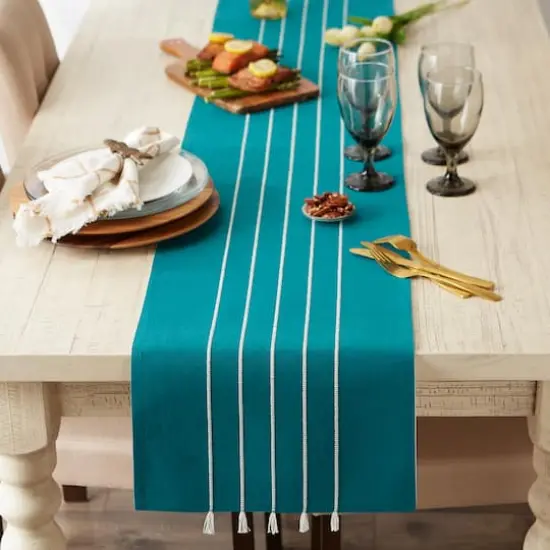 DII&reg; 108" Striped Tassel Table Runner Teal/Off White {4}