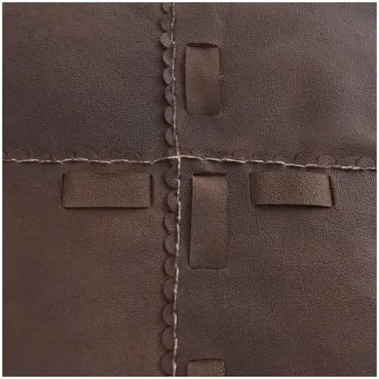 22" Leather Pouf with Woven Straps & Handles Dark Brown {6}