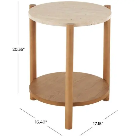20.25" Brown Wood Handmade Round Side End Accent Table with Beige Marble Top {8}