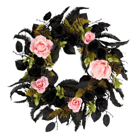 24" Cute & Creepy Black & Pink Flower Halloween Pre-Lit LED Wreath {5}