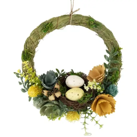 9" Easter Egg, Birds Nest & Wooden Flower Wreath {1}