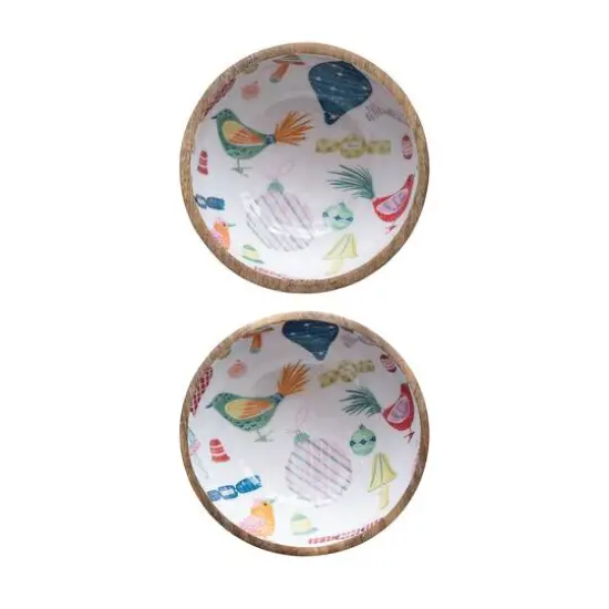 Hello Honey&reg; Multicolor Birds & Ornaments Enameled Mango Wood Footed Bowl Set {4}