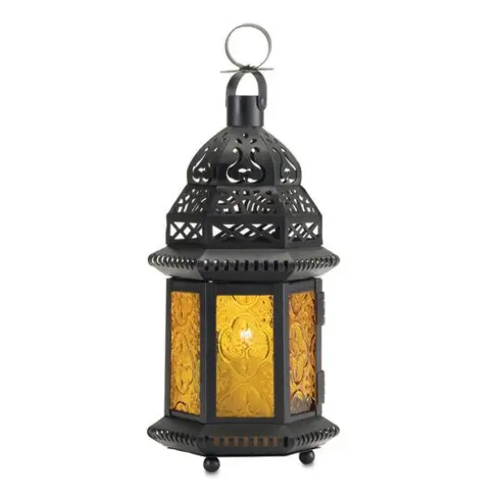 10" Black Moroccan Style Hanging Candle Lantern with Etched Yellow Glass {1}