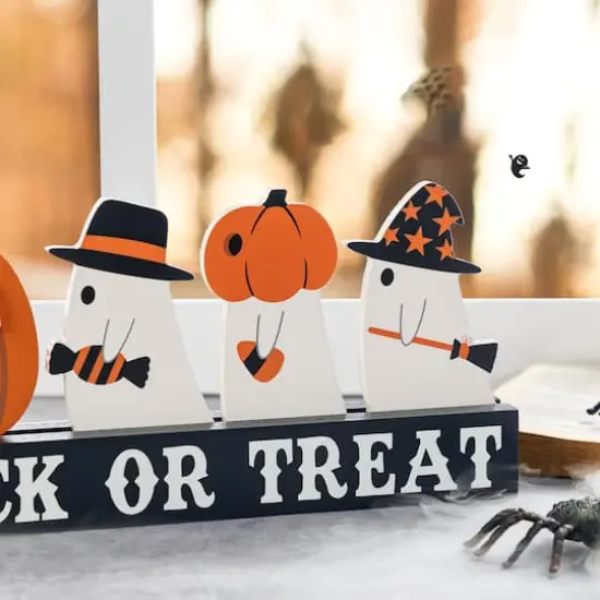 Glitzhome® 12"L Halloween Wooden TRICK OR TREAT Pumpkin & Ghosts Table Decor {4}