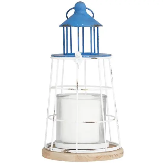 12" Blue Metal Distressed Decorative Light House Candle Lantern {1}