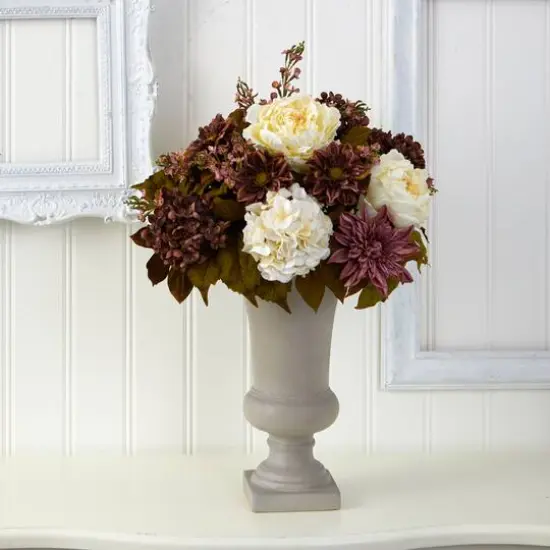 27" Peony, Hydrangea & Dahlia Arrangement in Sand Colored Urn {4}
