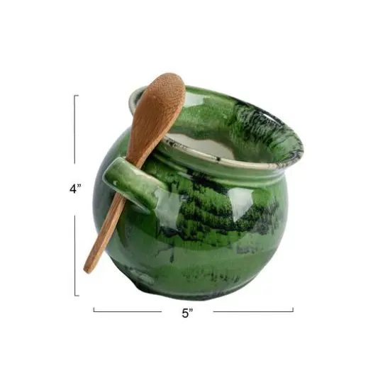 Hello Honey® 4" Green Stoneware Salt Dish with Acacia Wood Spoon {5}