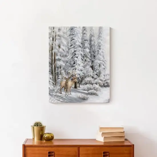 Snowy Forest Deer Canvas Wall Art {5}
