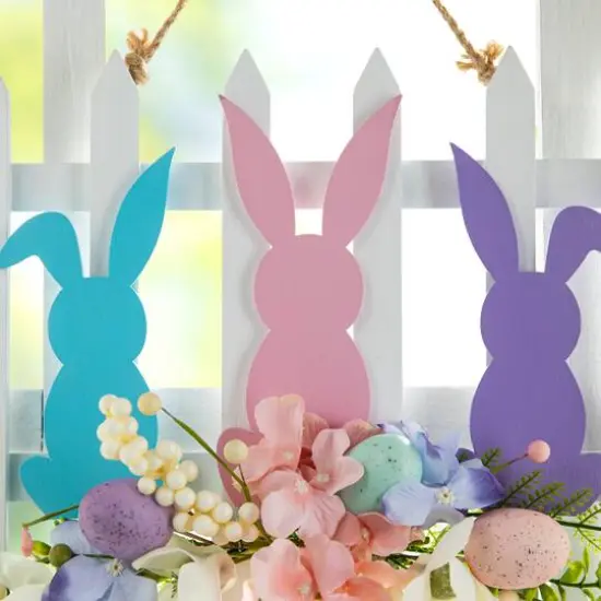Glitzhome&reg; 14" Easter Wooden Bunny Fence Door Hanger {4}
