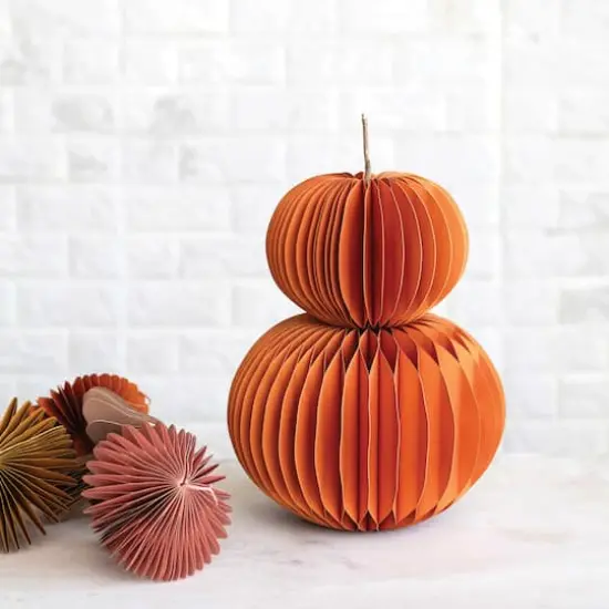 Hello Honey&reg; 9" Orange Paper Folding Honeycomb Pumpkin with Twig Stem {3}
