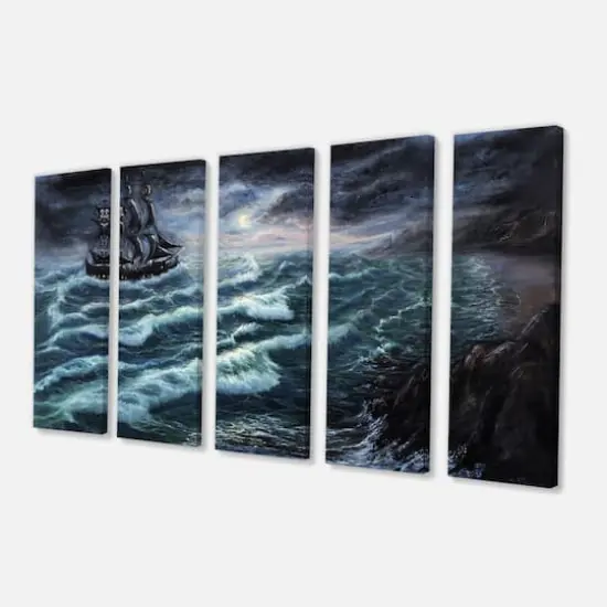 Designart - Pirate Ship Under Stormy Cloud - Sea & Shore Painting Print on Wrapped Canvas set {4}