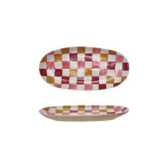Hello Honey Oval Hand-Painted Stoneware Platter with Check Pattern, Multicolor {1}