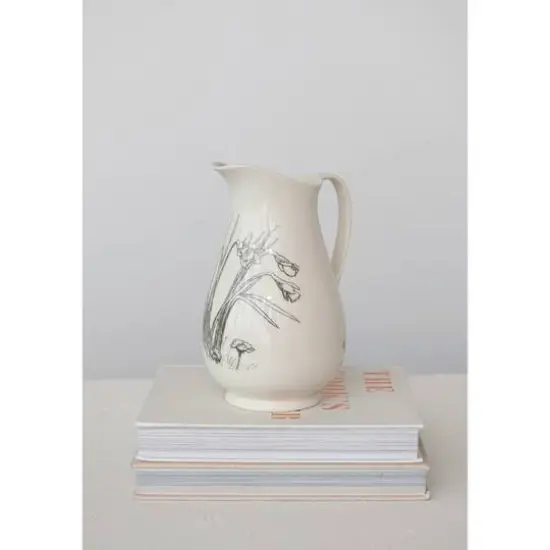 Hello Honey&reg; 2qt. White & Charcoal Flower Design Stoneware Pitcher {3}