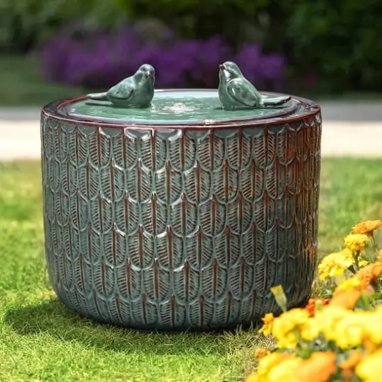 Glitzhome&reg; 15" LED Bird Cylindrical Ceramic Fountain Turquoise {3}