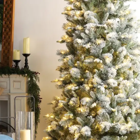 Glitzhome&reg; 7.5ft Pre-Lit Flocked Slim Pine Artificial Christmas Tree, Warm White LED Lights {6}