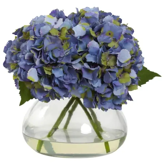 9" Blue Hydrangea Arrangement in Glass Vase {1}