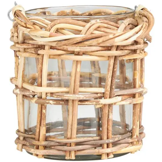 8" Clear Glass Handmade Candle Lantern with Brown Rattan Woven Exterior & Twisted Handle {5}