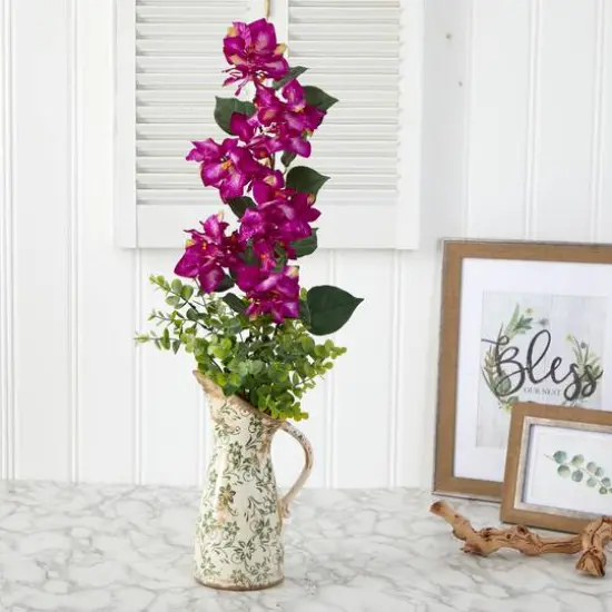 27" Bougainvillea and Eucalyptus Artificial Arrangement in Floral Pitcher {4}