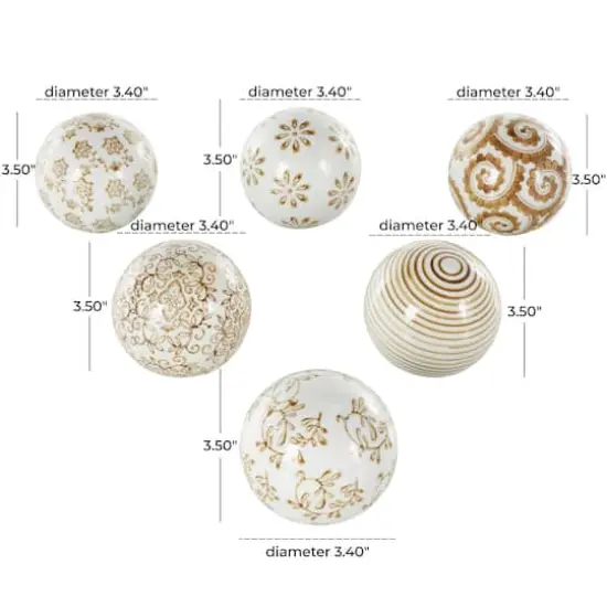 3.5" White & Brown Floral Ceramic Decorative Ball Orbs Set {7}