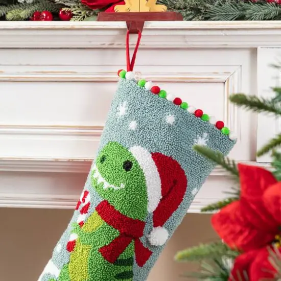 Glitzhome&reg; 21"L Hooked Christmas Dinosaur Stocking {5}