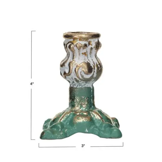 Hello Honey&reg; 4" Green, Gold & Cream Distressed Cast Metal Taper Candleholder {5}