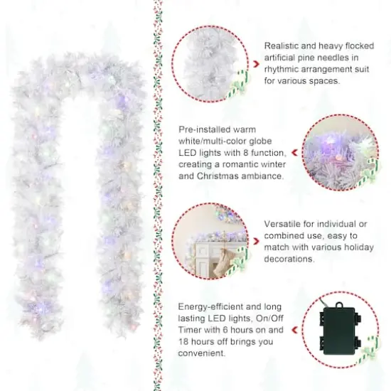 Glitzhome&reg; 9ft Pre-Lit Snow Flocked White Pine Christmas Garland with Timer {8}