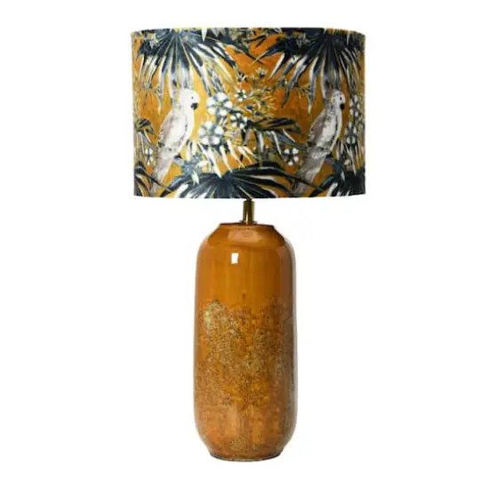 Hello Honey&reg; 21" Reactive Glaze Stoneware Table Lamp with Cockatoo Print Velvet Shade and Inline Switch {1}