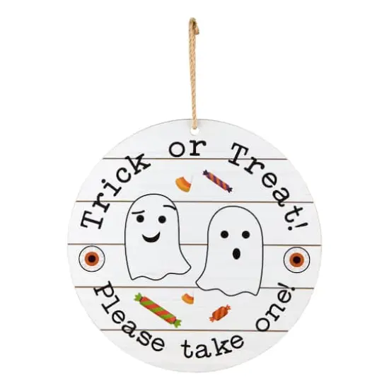 12" White Hanging Double-Sided Trick or Treat/Out of Candy Round Plank Sign {5}