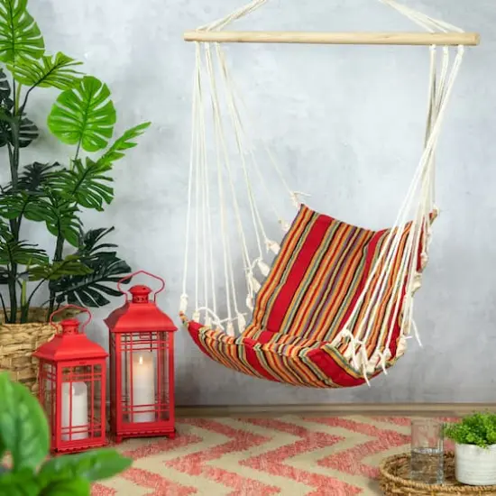 34" x 21" Red & Yellow Striped Hammock Chair with Padding & Wooden Bar {3}