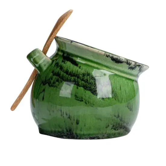 Hello Honey® 4" Green Stoneware Salt Dish with Acacia Wood Spoon {9}