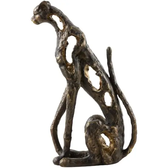 19" Bronze Polystone Distressed Textured Sitting Leopard Sculpture with Cutouts & Gold Accents {7}