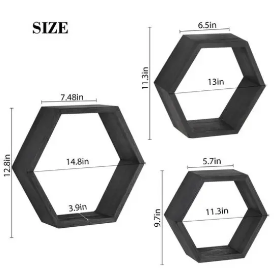 NEX&trade; Black Wall-Mounted Hexagon Floating Shelves Set {3}