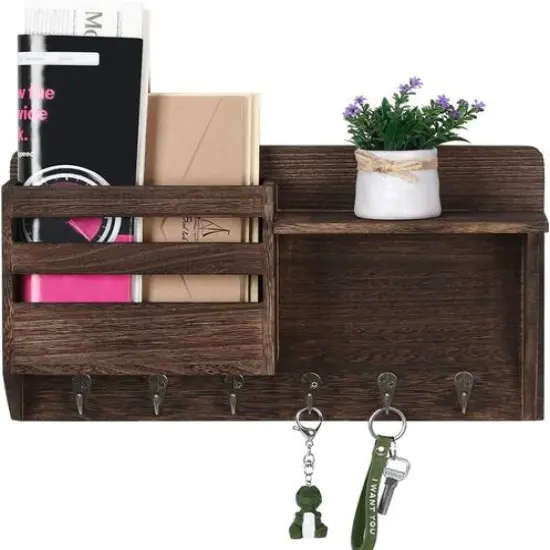 NEX™ 16" Brown Wall-Mounted Mail & Key Holder Organizer with 6 Key Hooks {1}