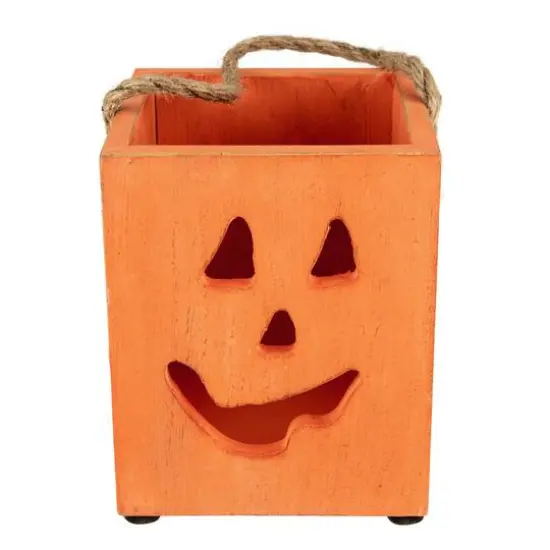 6" Orange Wood Jack-O-Lantern Halloween Candle Lantern {1}