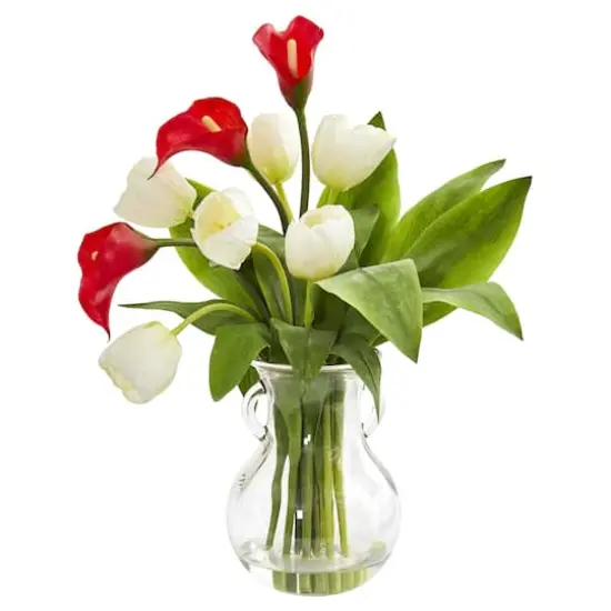 19" Calla Lily & Tulips Artificial Arrangement in Decorative Clear Vase Red and White {1}