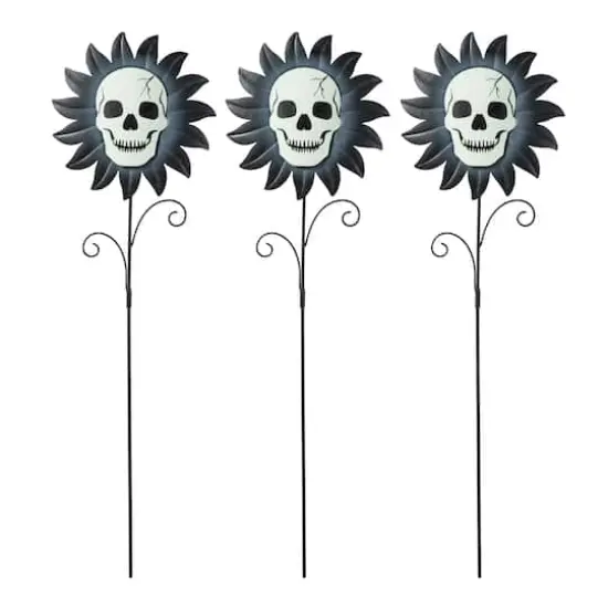 Glitzhome&reg; 24" Halloween Metal Sunflower Skulls Glow-in-Dark Yard Stakes, 3ct. {1}