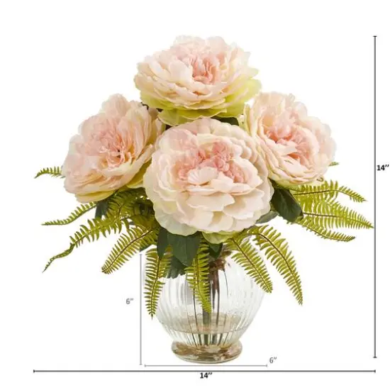Peony and Fern Artificial Arrangement in Glass Vase {3}